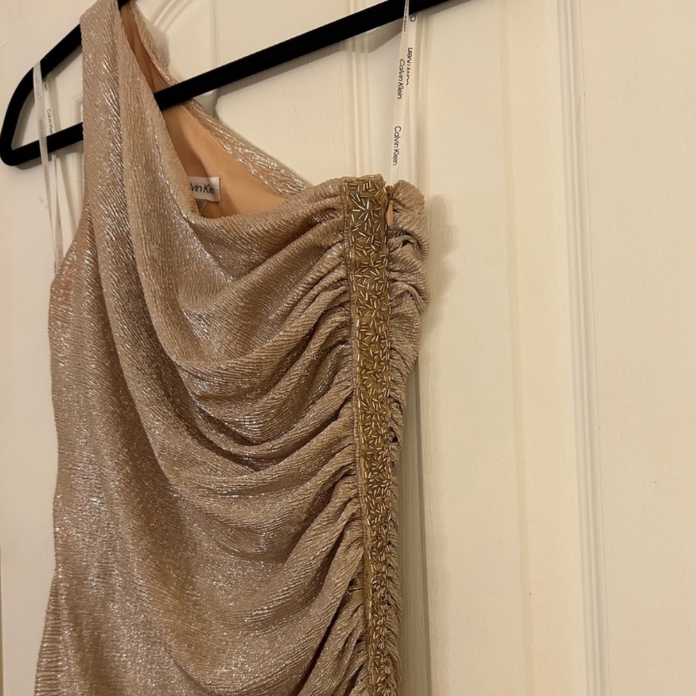 Calvin Klein One-Shoulder Gold Metallic Gown